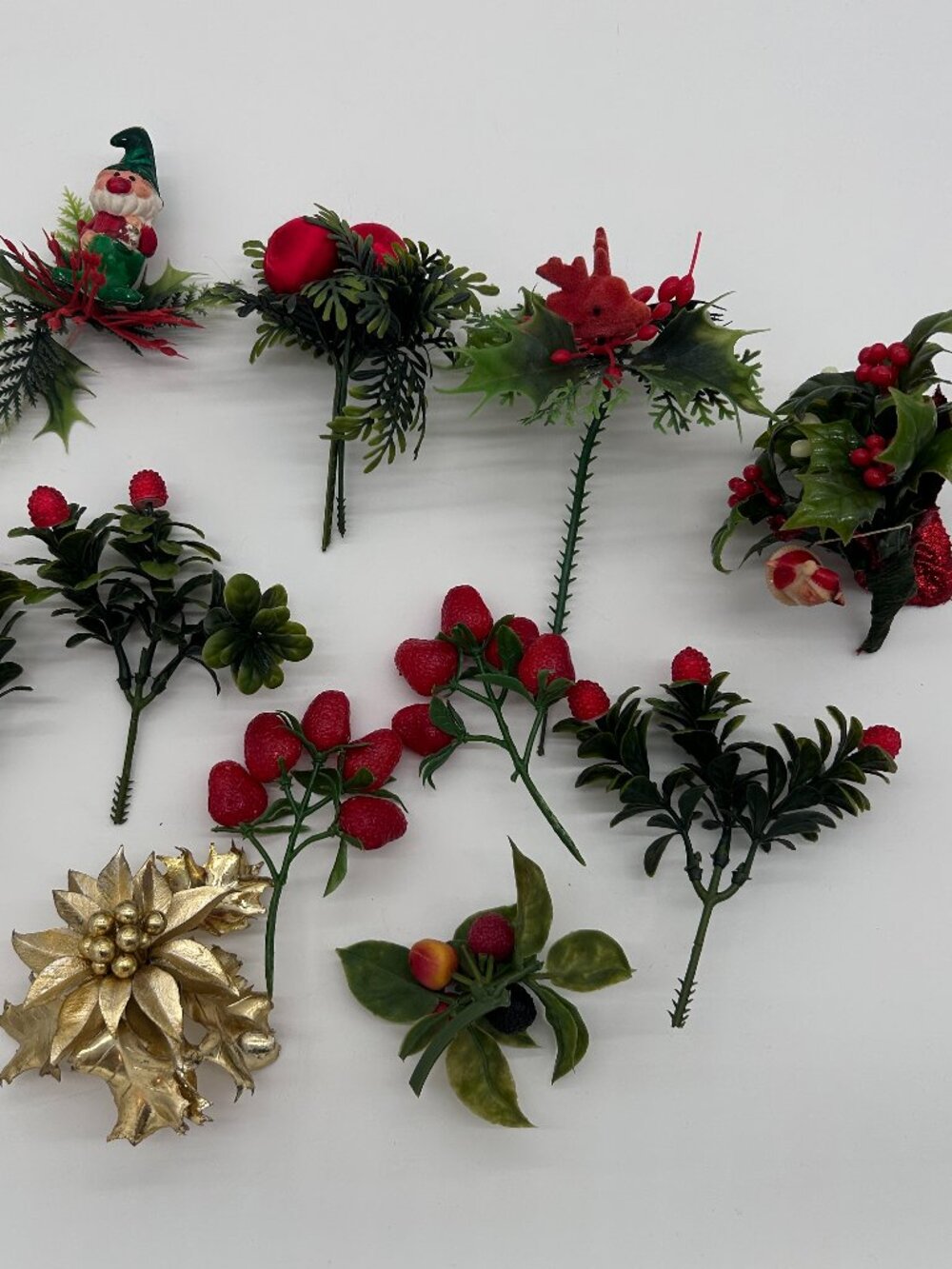 Vintage Christmas Floral Pick Deer Santa Gnome Strawberry Fruit 11 Pc Lot